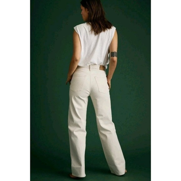 AE77 Jeans Womens 2 Beige Stovepipe Selvedge High Rise Wide Leg Organic Cotton - Picture 3 of 15